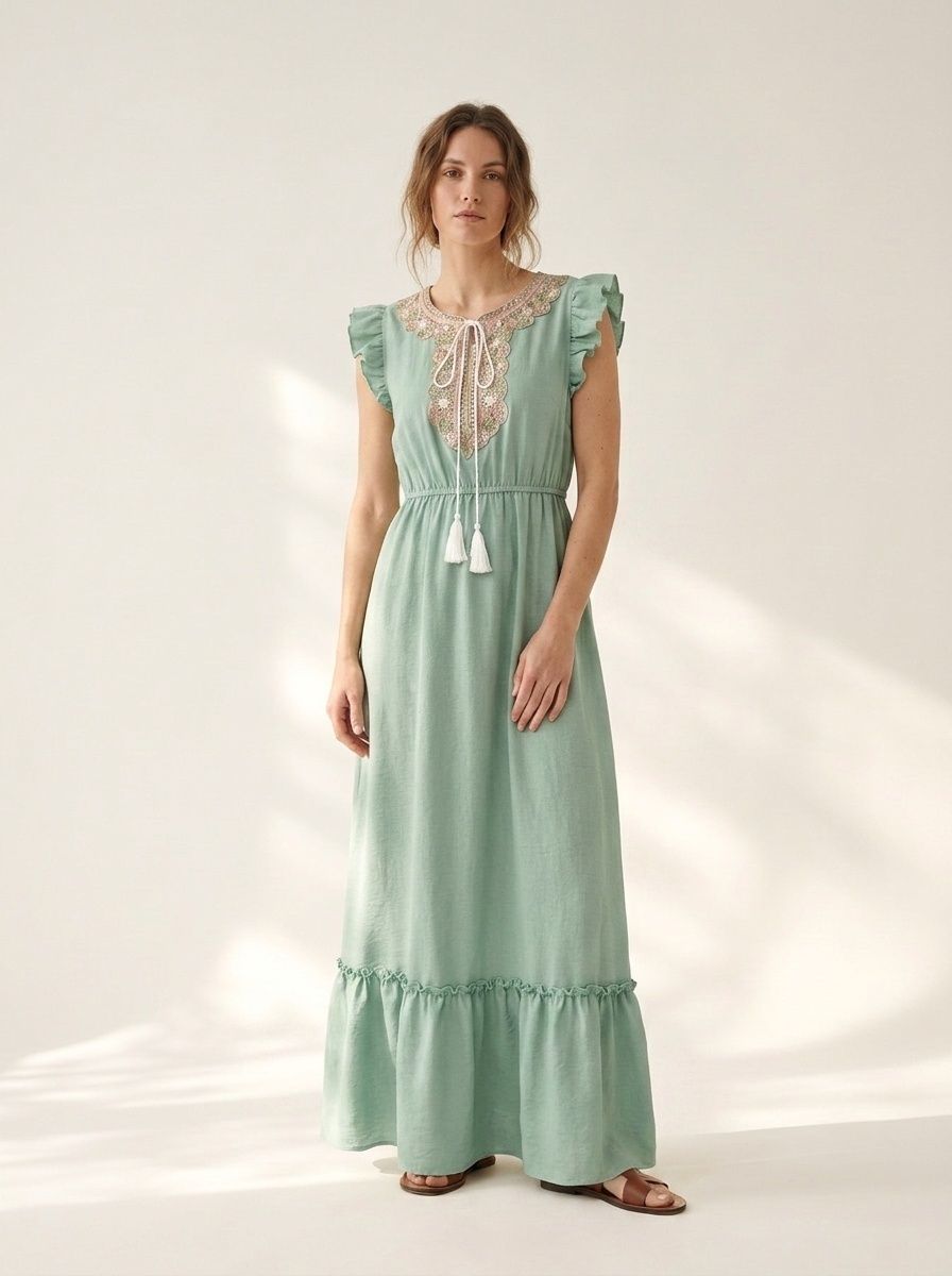 Abito lungo boho con maniche a volant ricamate