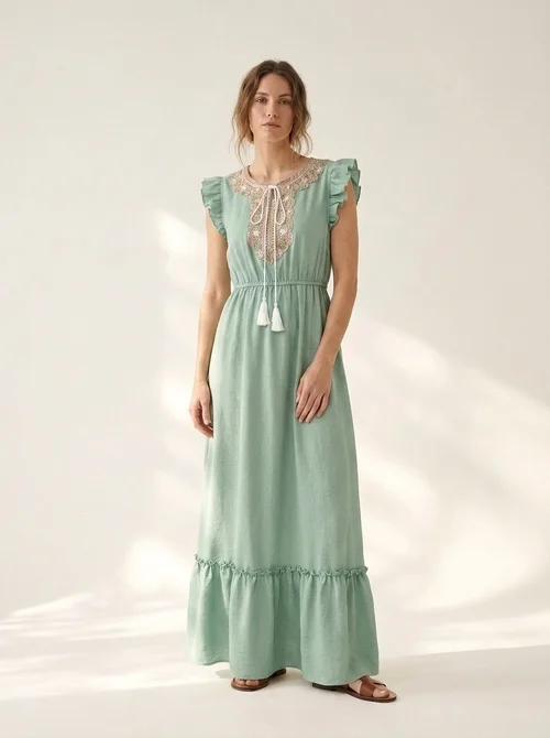 Embroidered Ruffle Sleeve Boho Maxi Dress