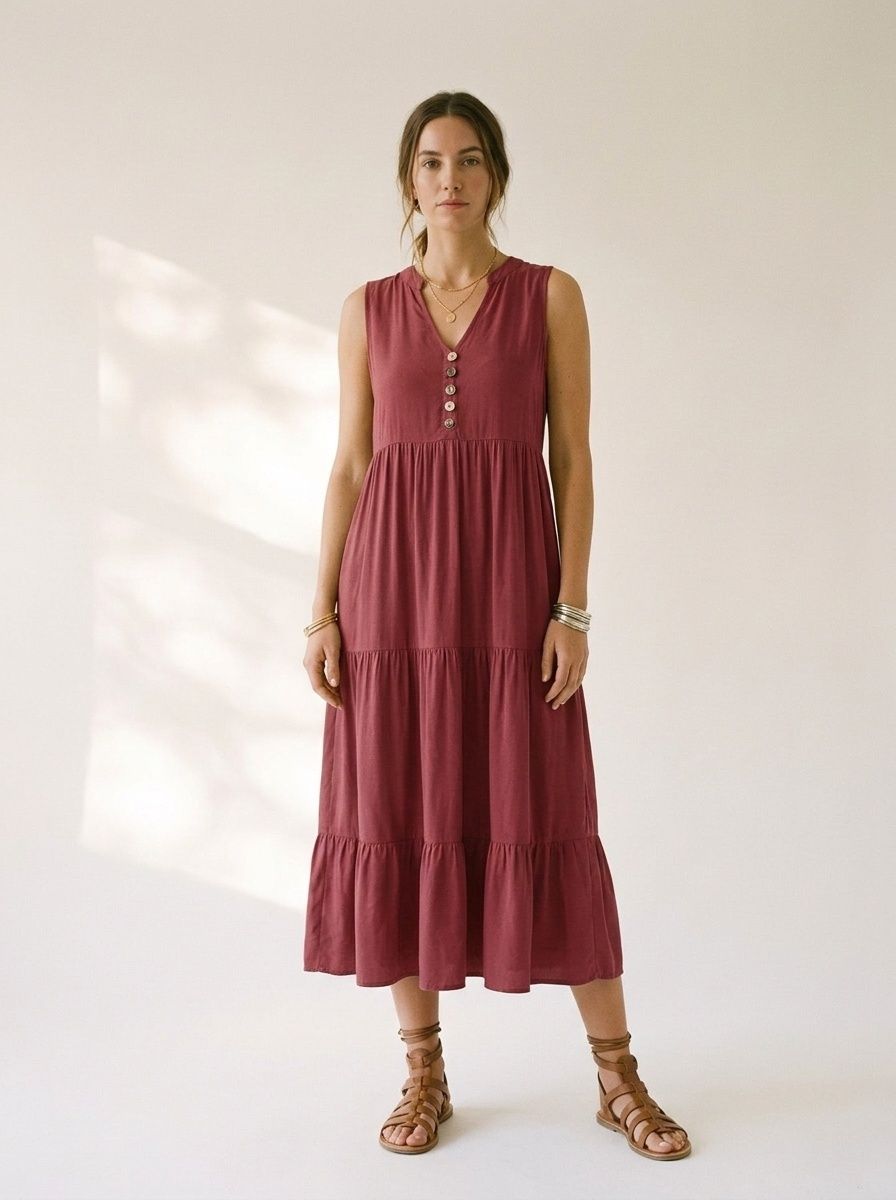 Women's Sleeveless V-Neck Tiered Maxi Dress with Buttons