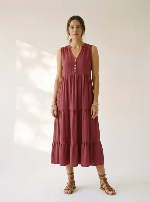 Abito lungo da donna senza maniche con scollo a V e balze, con bottoni.