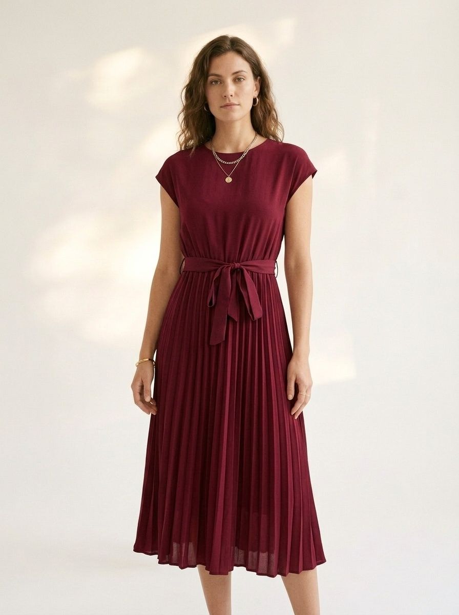 Women's Cap Sleeve Pleated Midi Dress with Belt