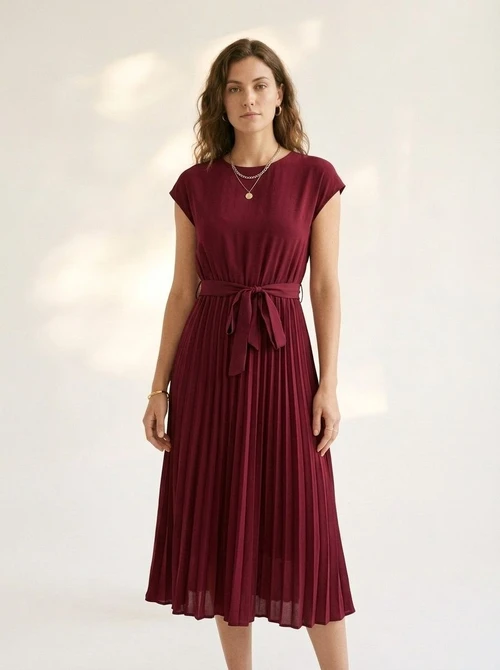 Women's Cap Sleeve Pleated Midi Dress with Belt