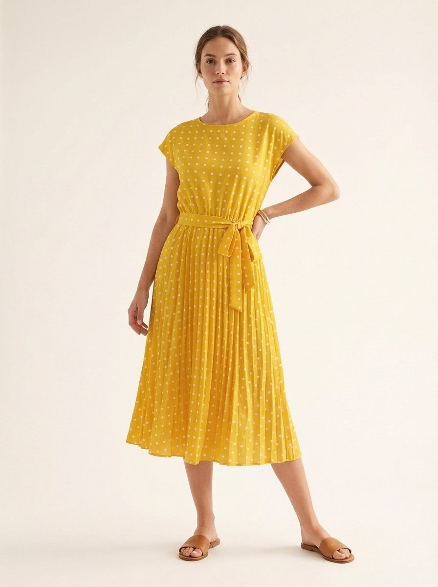 Polka Dot Pleated Midi Dress with Tie Waist