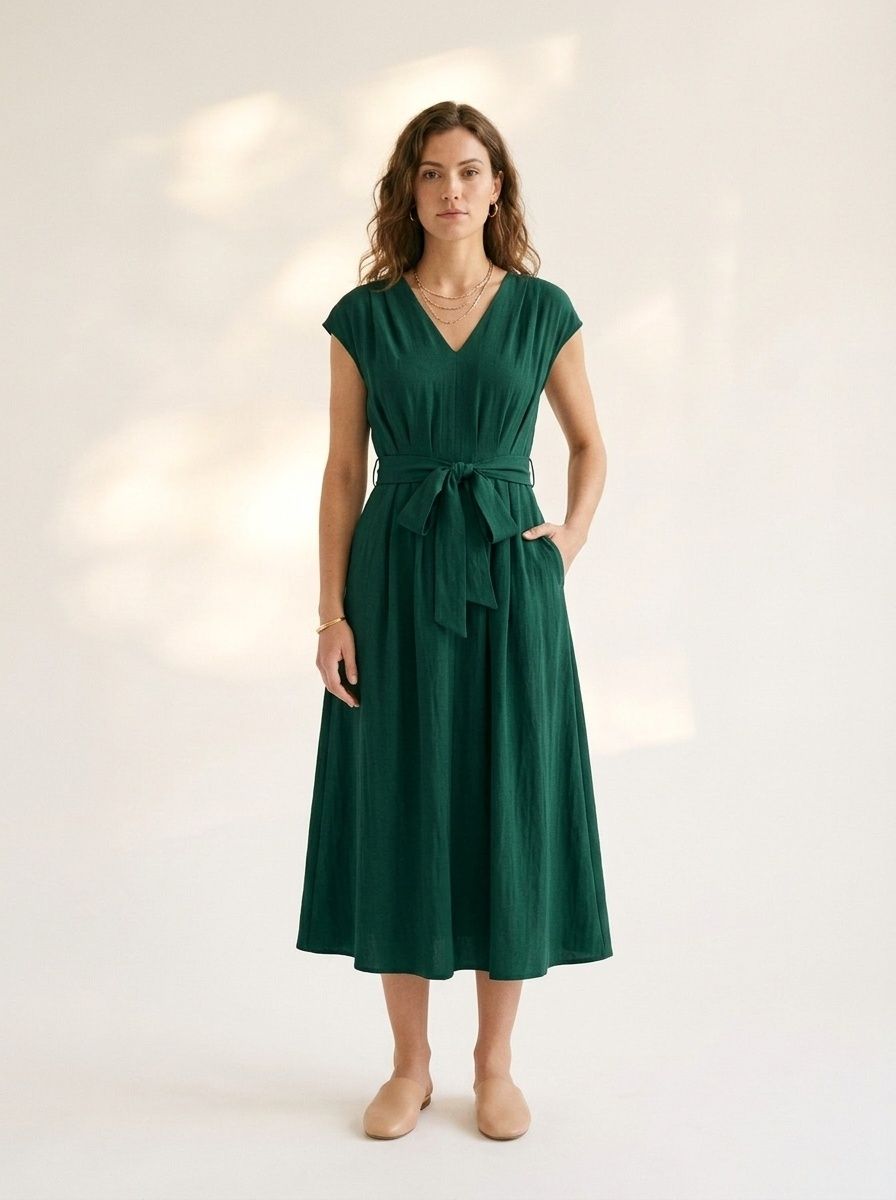 Elegant High-Waisted V-Neck A-Line Summer Dress with Tie-Waist for Women