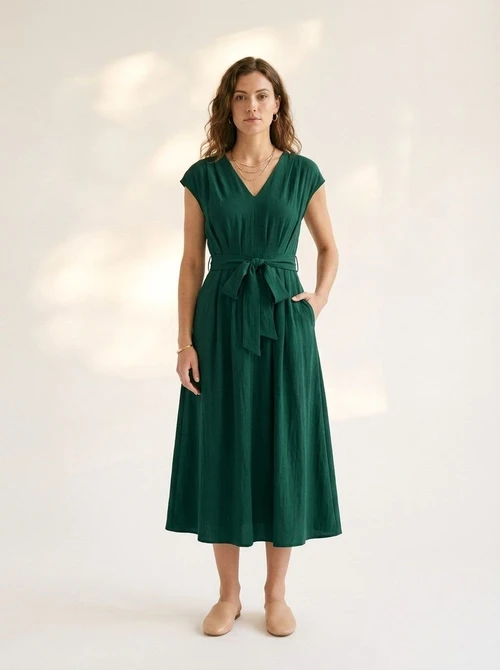 Elegant High-Waisted V-Neck A-Line Summer Dress with Tie-Waist for Women