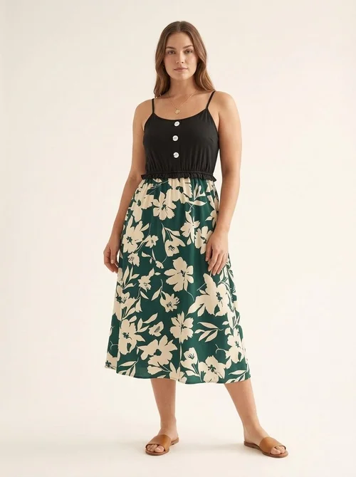 Abito estivo midi da donna con stampa floreale e spalline sottili