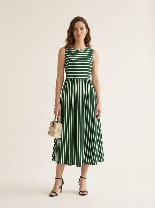 Vestido largo sin mangas a rayas con bolsillos