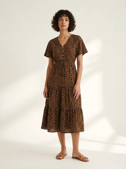Vestido midi escalonado con escote en V y estampado de lunares para mujer