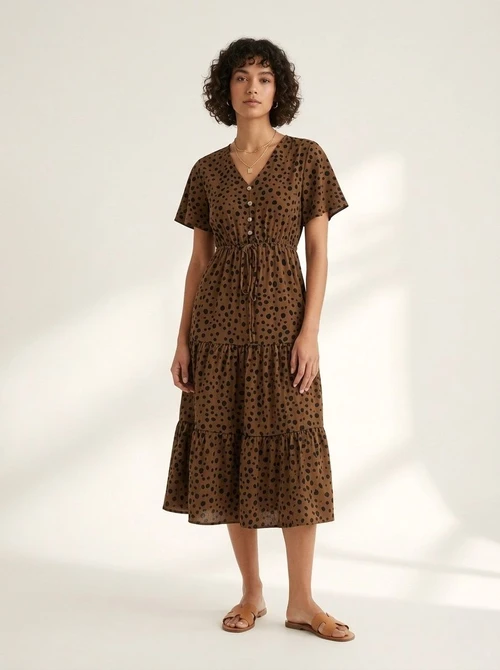 Women's Spot Print V-Neck Tiered Midi Dress