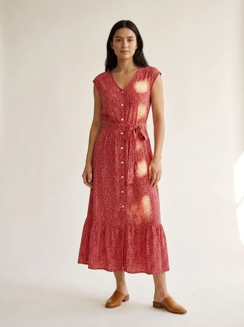 Vestido midi floral con escote en V, botones en la parte delantera y cinturón.