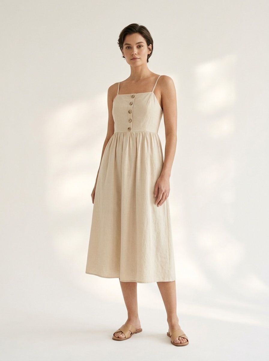 Casual Button Front Midi Dress with Spaghetti Straps