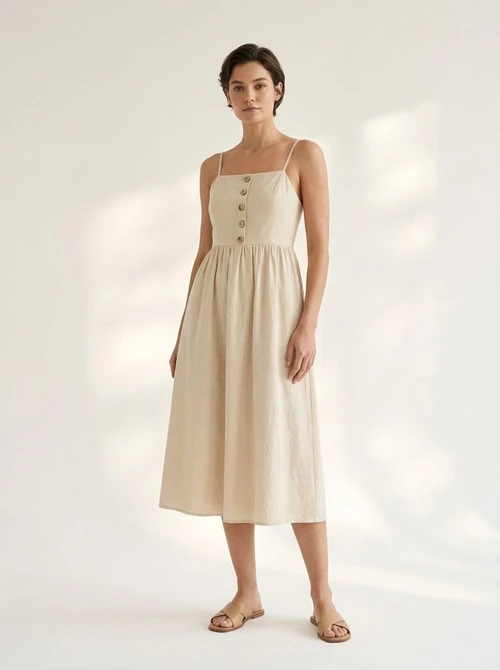 Casual Button Front Midi Dress with Spaghetti Straps
