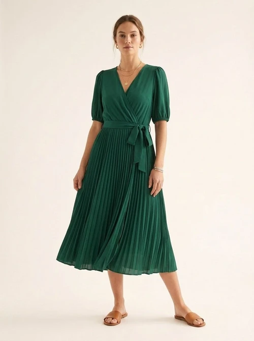 Elegant V-Neck Pleated Wrap Dress with Belt