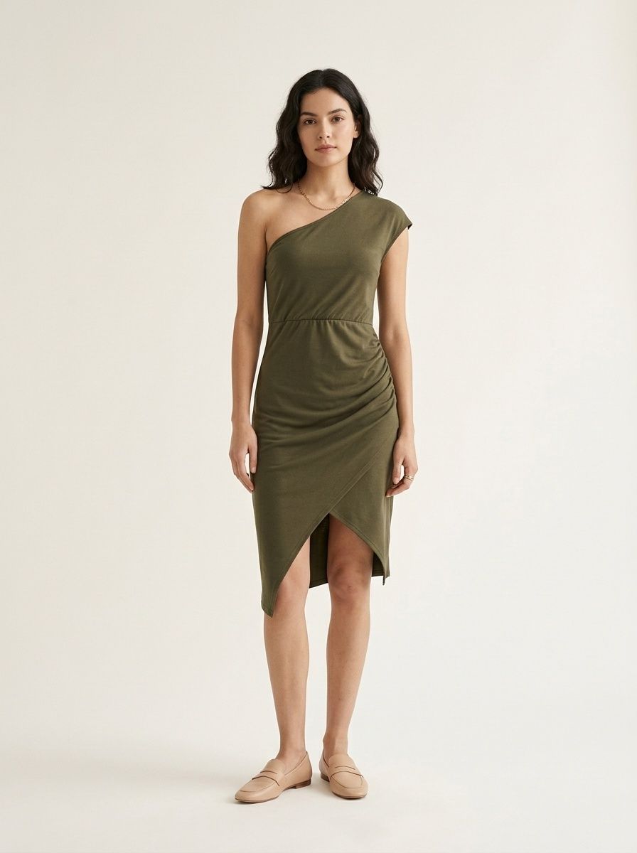 One Shoulder Ruched Slit Midi Dress - Army Green