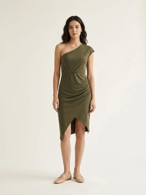 One Shoulder Ruched Slit Midi Dress - Army Green