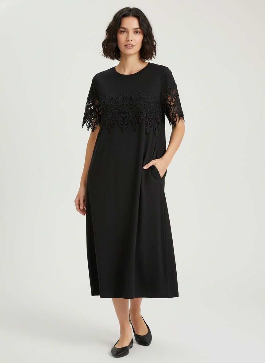 Black Lace Patchwork Short Sleeve Casual T-Shirt Dress