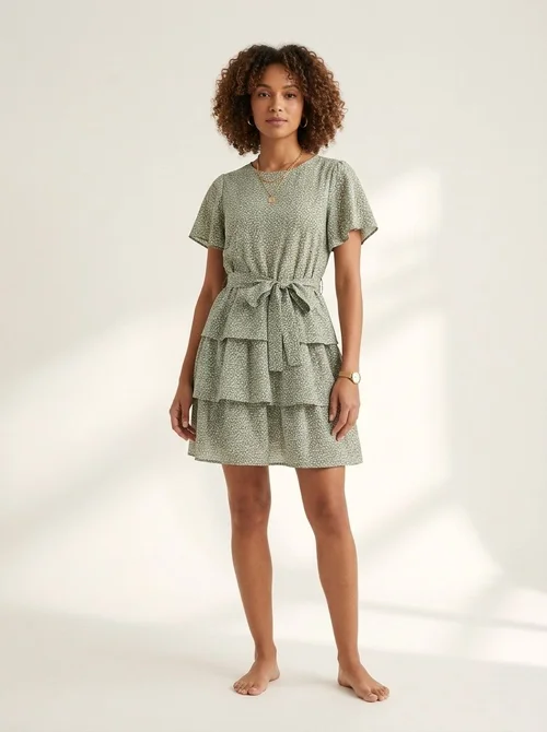 Minivestido de mujer con estampado floral y volantes escalonados