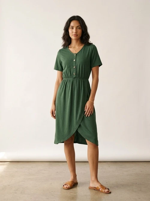 Women's V-Neck Button Front Wrap Midi Dress with Pockets