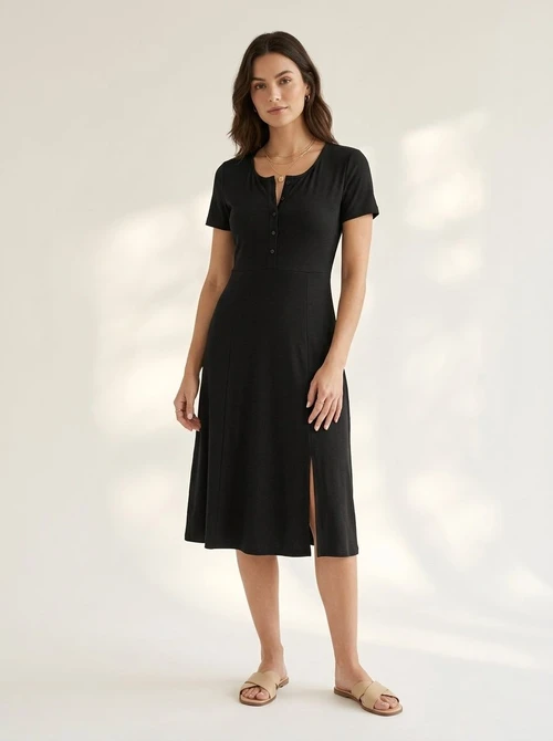 Women's Black Short Sleeve Button Front Midi Dress with Slit