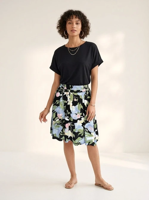 Black Top Floral Skirt Two-Piece Look Casual Dress