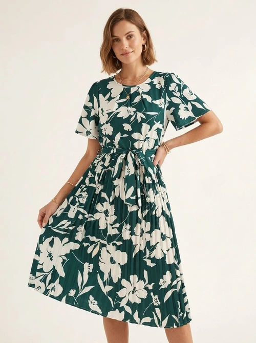 Women's Floral Print Pleated Belted Short Sleeve Midi Dress