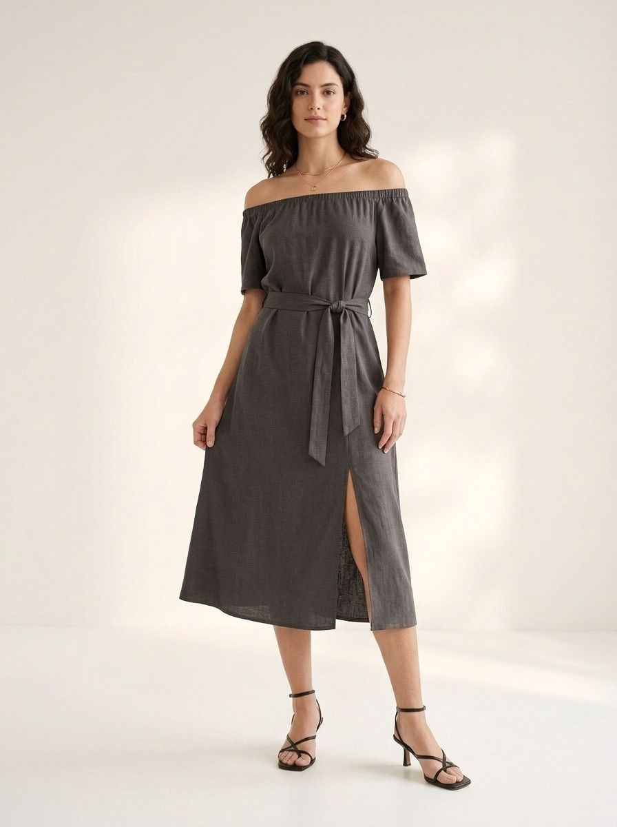Off Shoulder Midi Dress with Tie-Waist & Side Slit