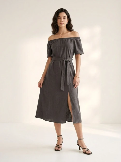 Off Shoulder Midi Dress with Tie-Waist & Side Slit