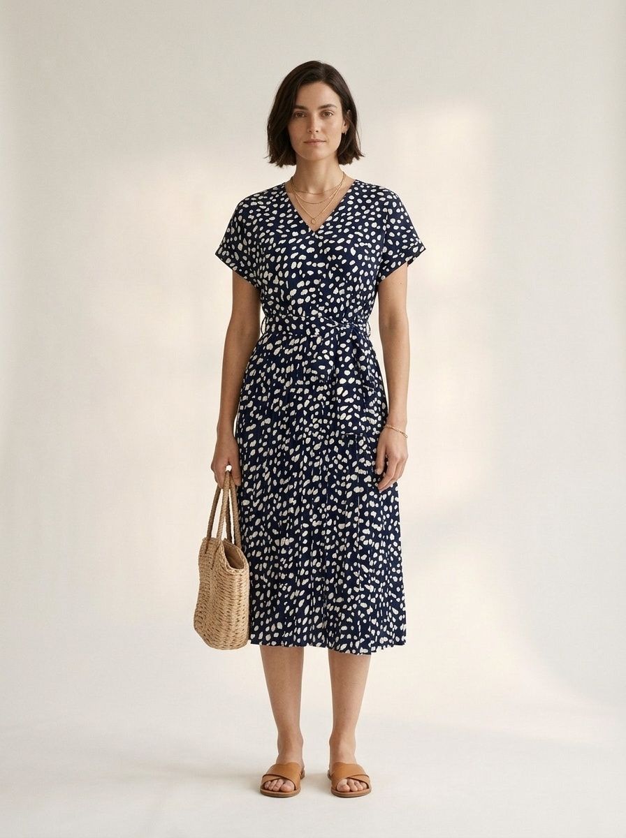 Women's Navy Floral Print V-Neck Tie-Waist Midi Dress