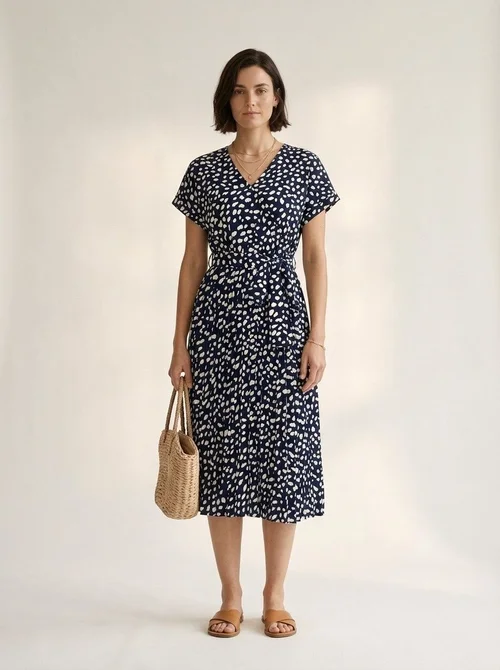 Vestido midi azul marino con estampado floral, escote en V y cinturón para mujer.