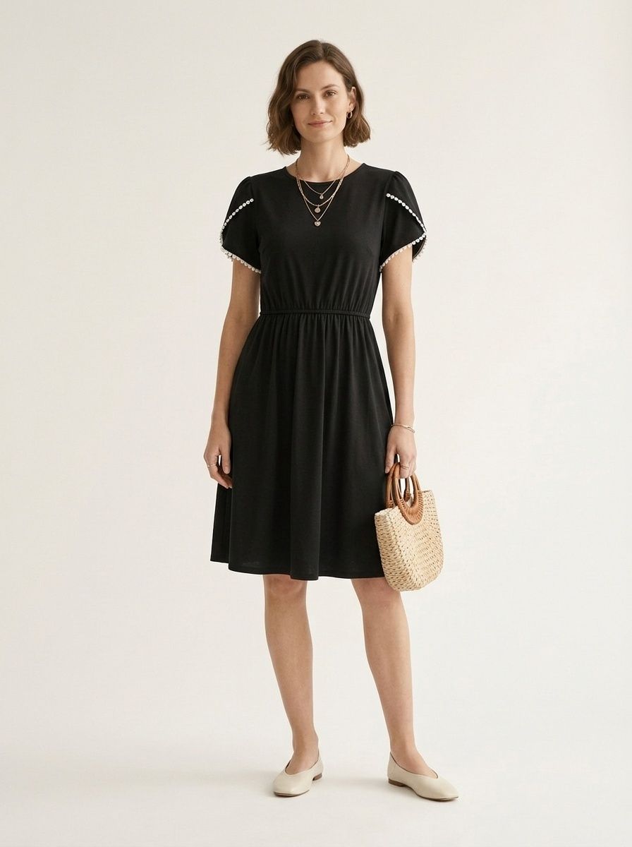 Chic Black Short Sleeve Dress with Pockets & White Trim