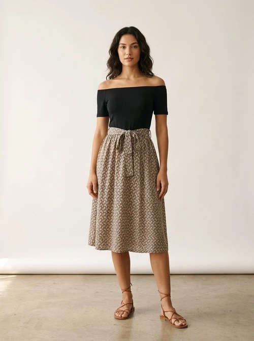 Chic Off Shoulder Black & Print Midi Dress