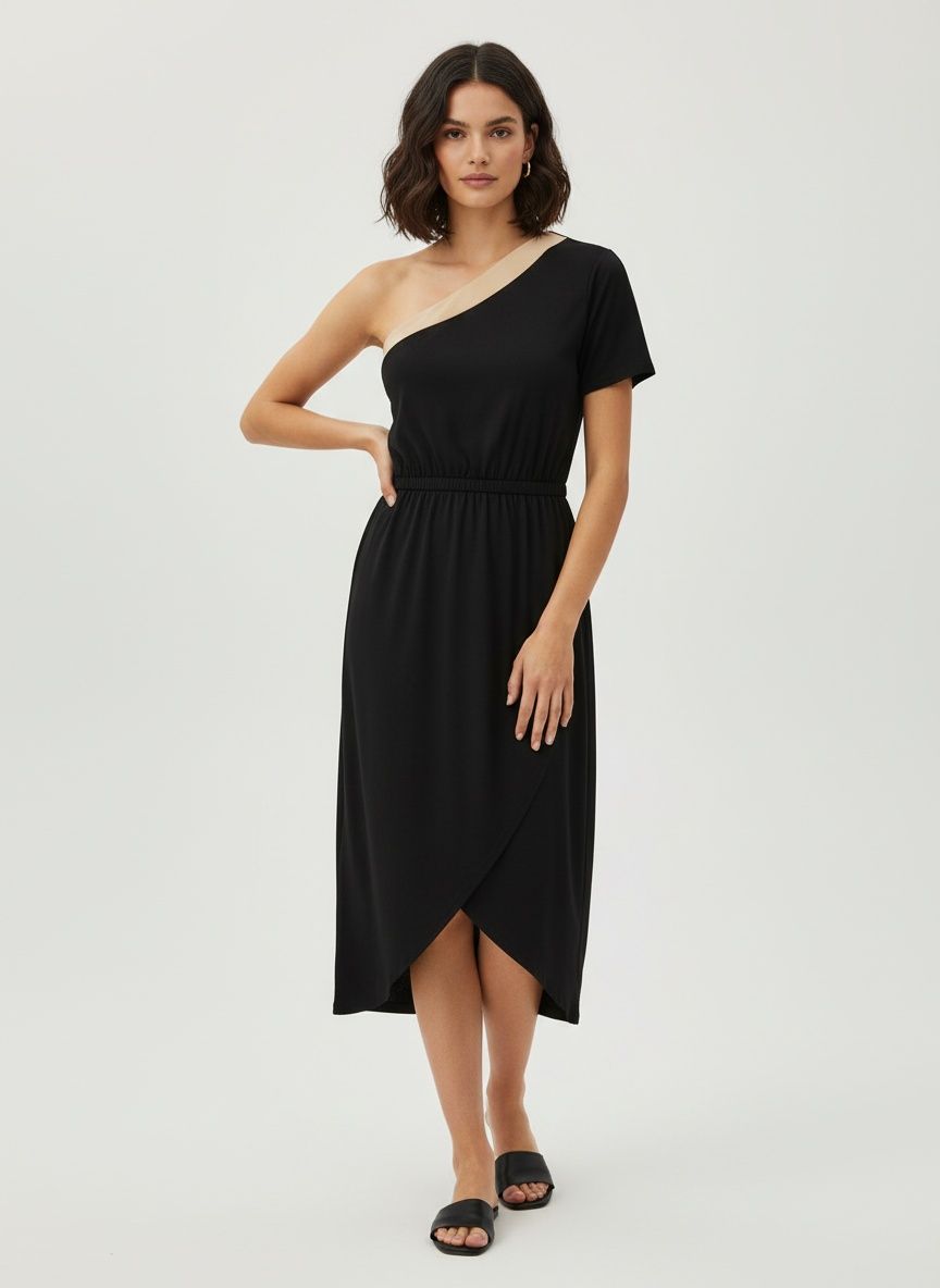 Chic One-Shoulder Black Midi Dress with Beige Accent