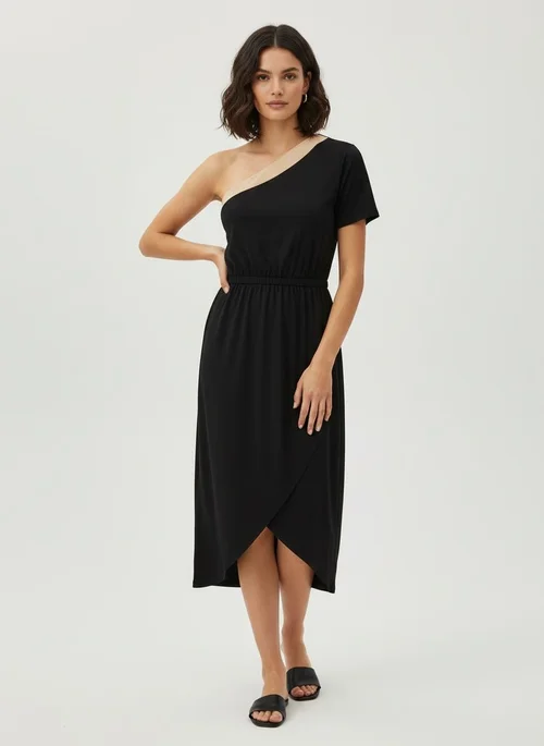 Elegante abito midi nero monospalla con dettagli beige.