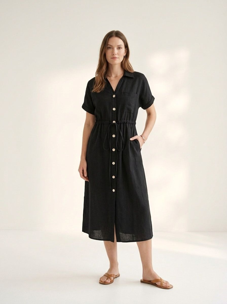 Women's Casual Button-Down Drawstring Midi Dress
