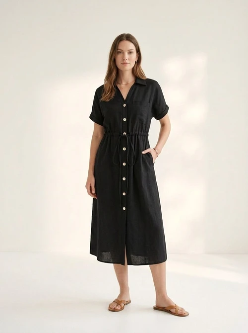 Women's Casual Button-Down Drawstring Midi Dress