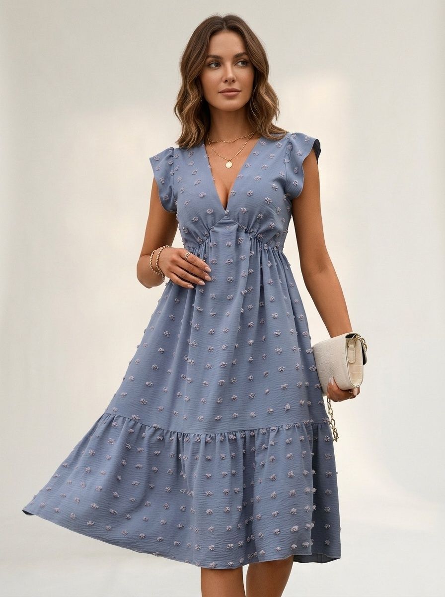 Chic V-Neck Midi Dress with Flutter Sleeves & Pockets