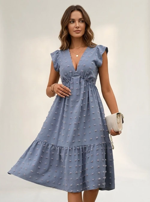 Chic V-Neck Midi Dress with Flutter Sleeves & Pockets