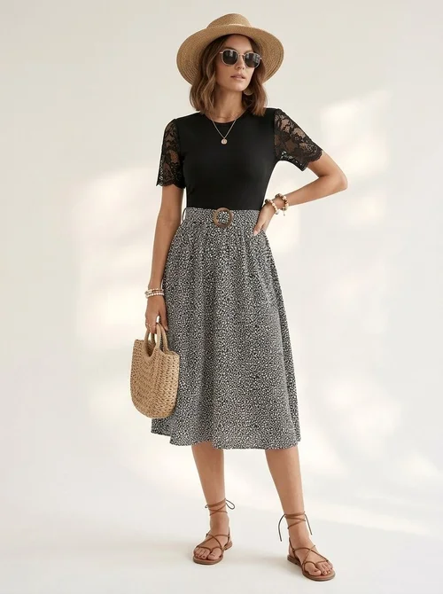 Elegante gonna midi a trapezio con stampa floreale e cintura