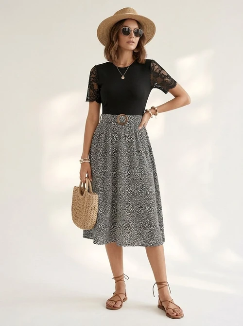 Elegante gonna midi a trapezio con stampa floreale e cintura