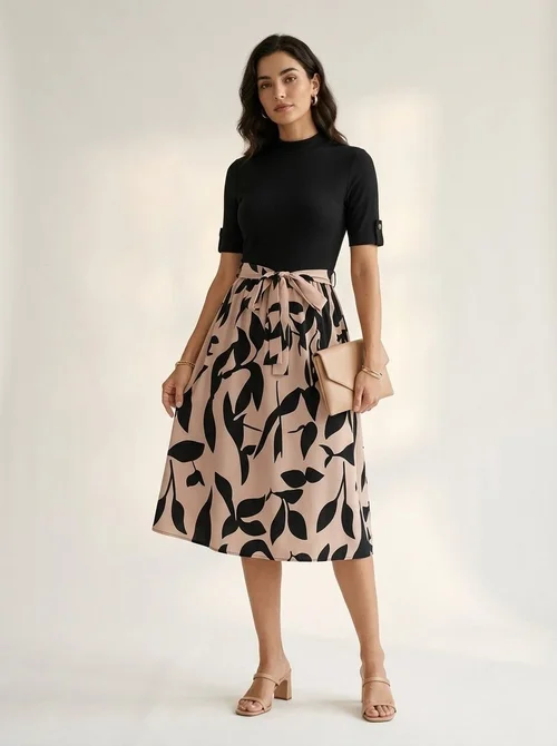 Mock Neck Belted Floral Print Short Sleeve Midi Dress