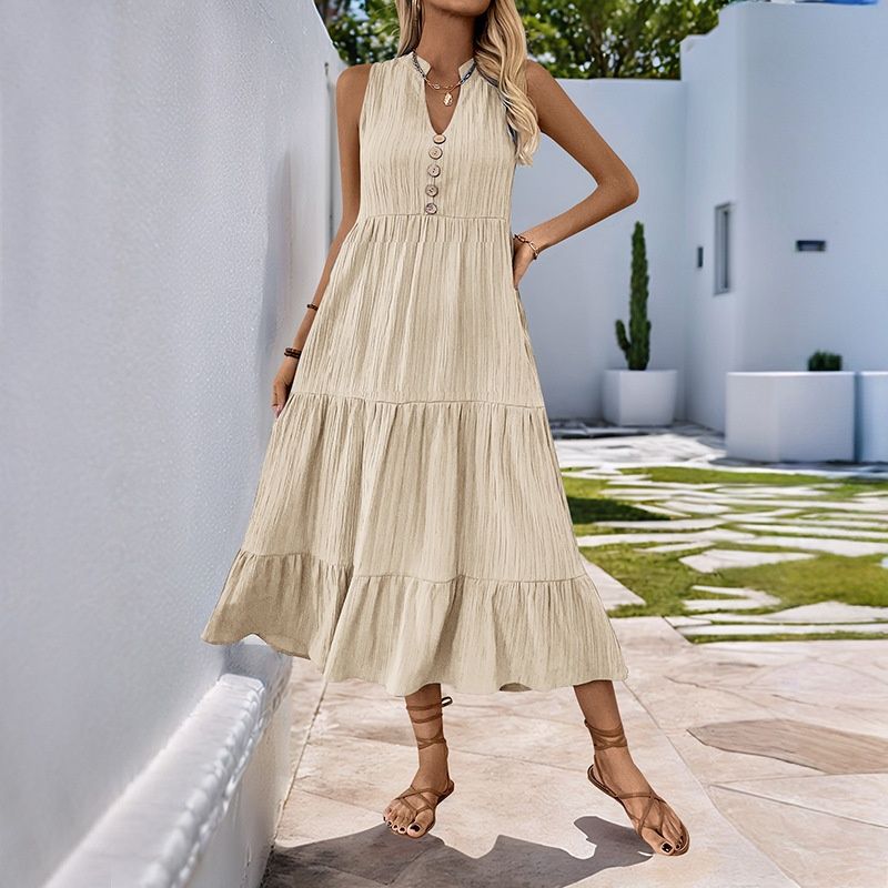 Vestido midi bohemio sin mangas con volantes - Vestido casual de verano con escote en V
