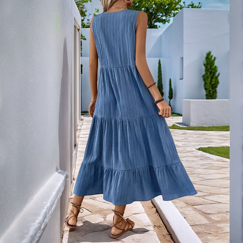 Vestido midi bohemio sin mangas con volantes - Vestido casual de verano con escote en V