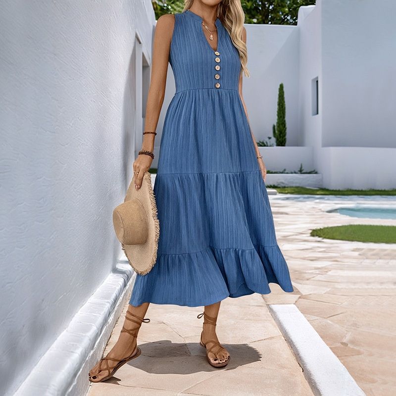 Vestido midi bohemio sin mangas con volantes - Vestido casual de verano con escote en V