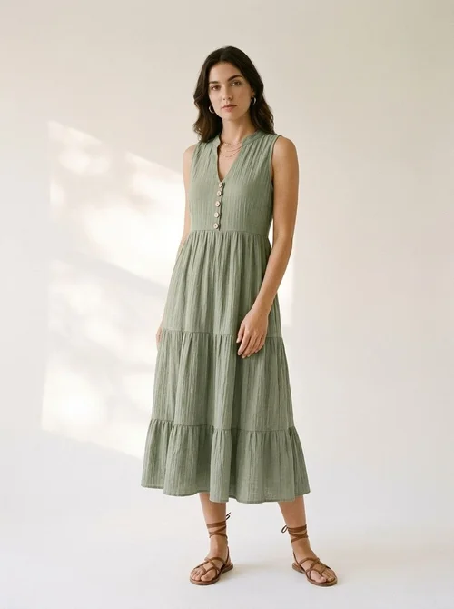 Boho Sleeveless Tiered Midi Dress - Casual V-Neck Summer