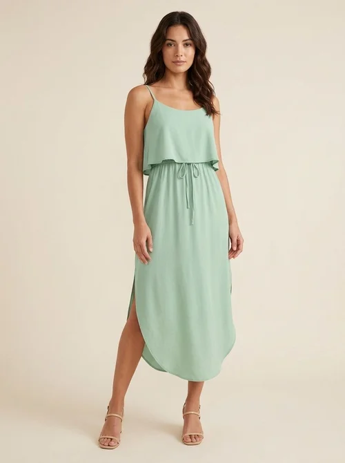 Mint Green Drawstring Waist Midi Dress with Slits