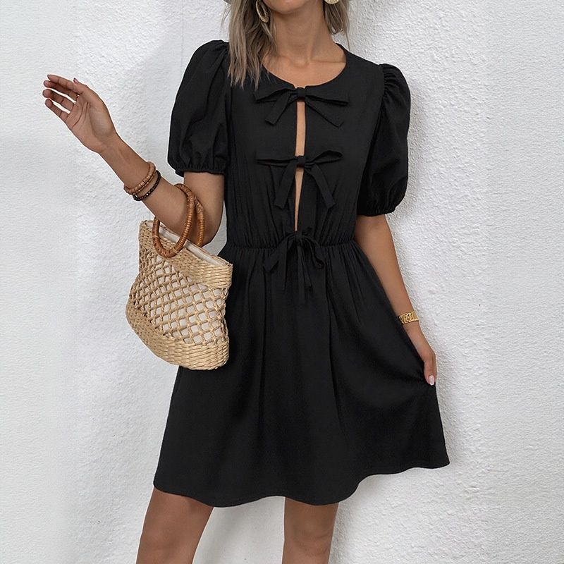 Minivestido con mangas abullonadas y lazo recortado - Rayas y liso