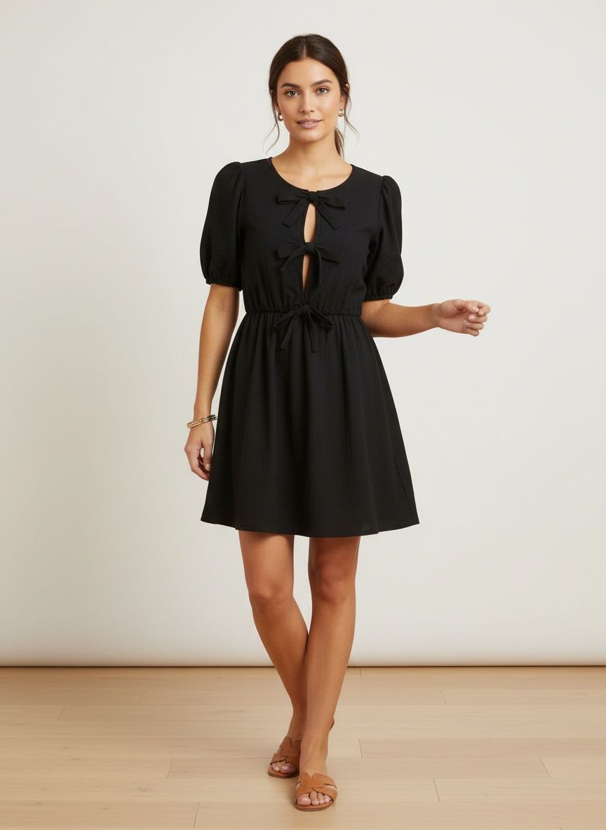 Robe mini à manches bouffantes et nœud ajouré - Rayée et unie