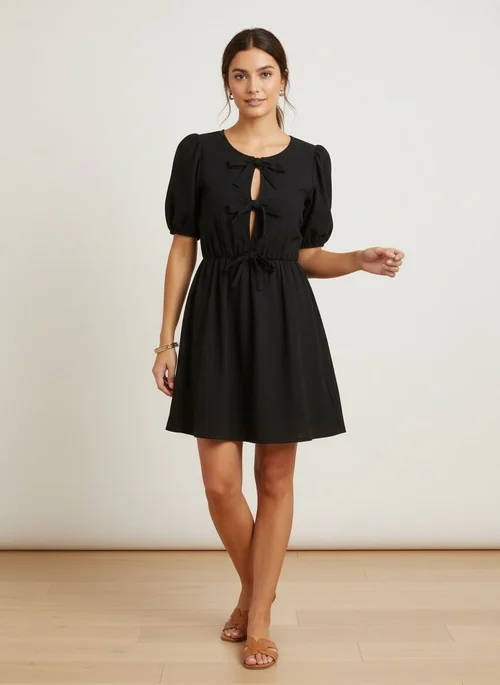 Puff Sleeve Bow Cutout Mini Dress - Striped & Solid