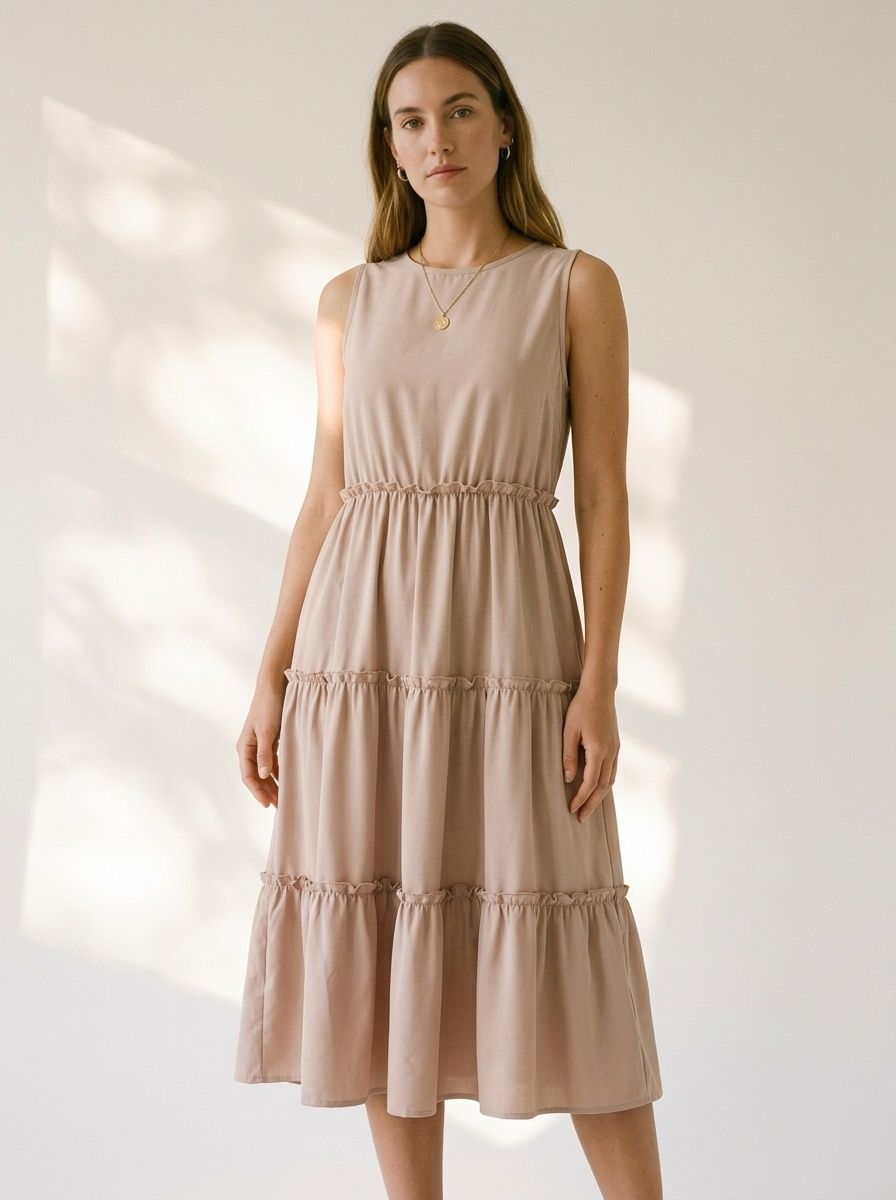 Vestido midi sin mangas con volantes para mujer - Estilo casual de verano