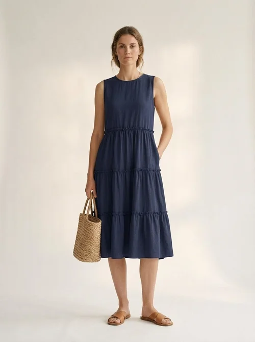 Women's Sleeveless Tiered Midi Dress - Summer Casual